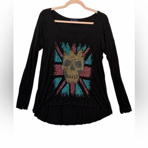 The Clas-Sic Graphic Tee Womens M Black Rhinestone Skull High Low Long Sleeve